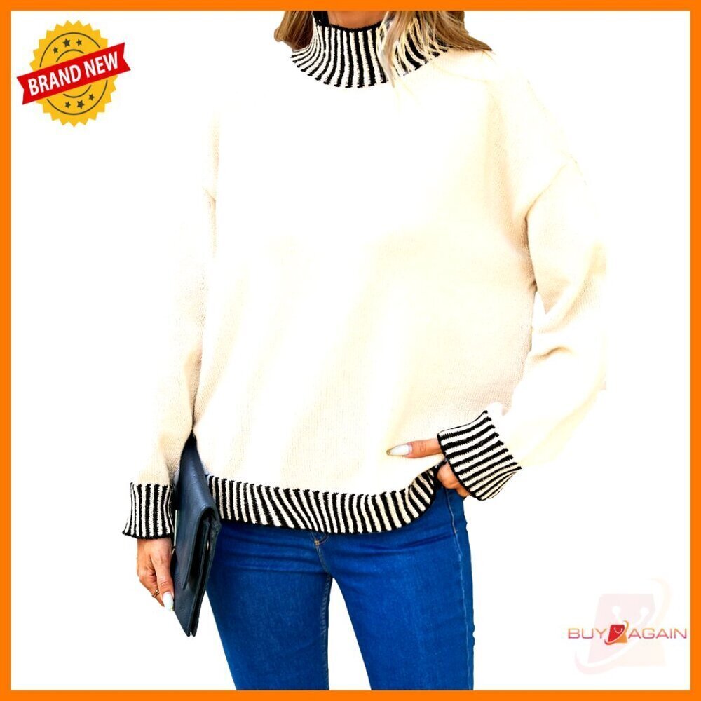 Oversized Turtle Neck Striped Sweater Ribbed Knit Pullover Fall Casual Chic